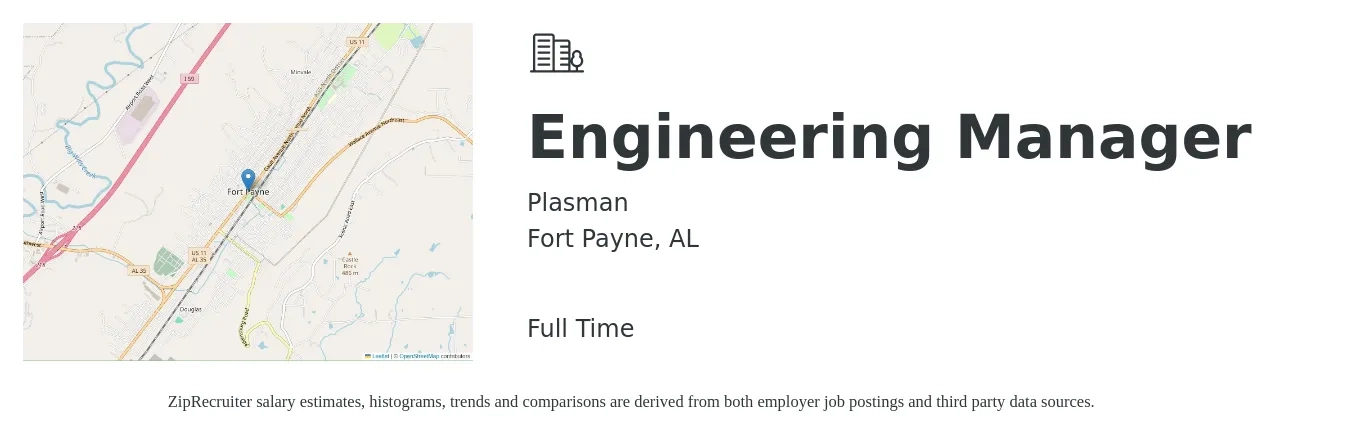 Plasman job posting for a Engineering Manager in Fort Payne, AL with a salary of $94,800 to $140,800 Yearly with a map of Fort Payne location.