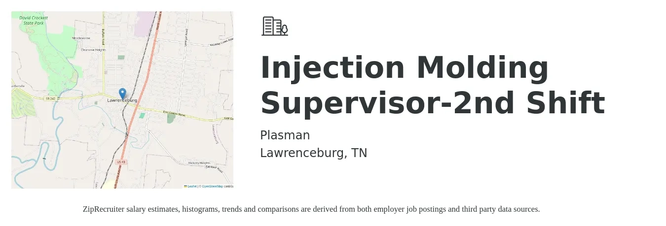 Plasman job posting for a Injection Molding Supervisor-2nd Shift in Lawrenceburg, TN with a salary of $50,600 to $83,500 Yearly with a map of Lawrenceburg location.