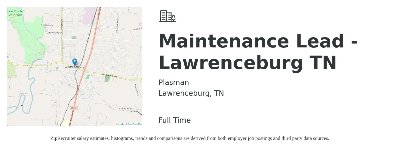 Plasman job posting for a Maintenance Lead - Lawrenceburg TN in Lawrenceburg, TN with a salary of $21 to $29 Hourly with a map of Lawrenceburg location.