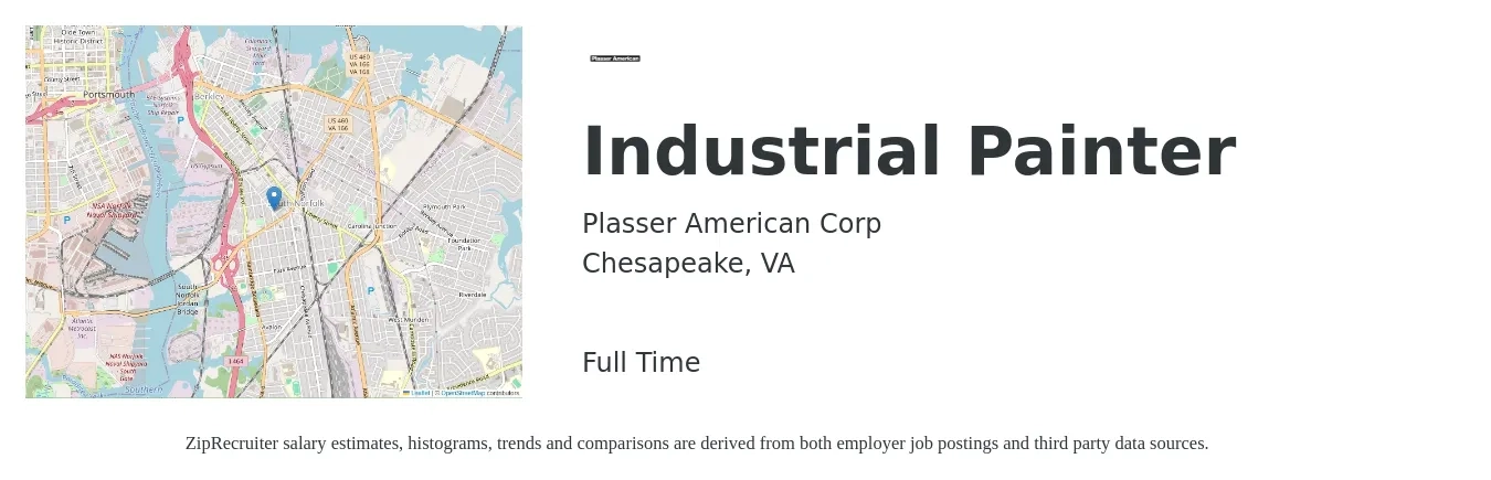 Plasser American Corp job posting for a Industrial Painter in Chesapeake, VA with a salary of $18 to $24 Hourly with a map of Chesapeake location.