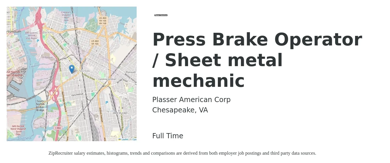 Plasser American Corp job posting for a Press Brake Operator / Sheet metal mechanic in Chesapeake, VA with a salary of $18 to $23 Hourly with a map of Chesapeake location.
