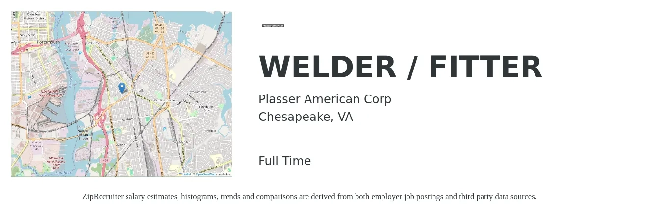 Plasser American Corp job posting for a WELDER / FITTER in Chesapeake, VA with a salary of $20 to $26 Hourly with a map of Chesapeake location.