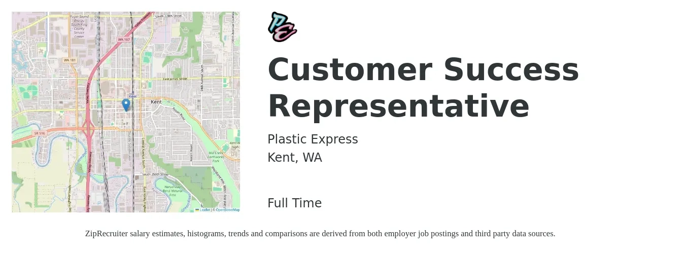 Plastic Express job posting for a Customer Success Representative in Kent, WA with a salary of $20 to $29 Hourly with a map of Kent location.