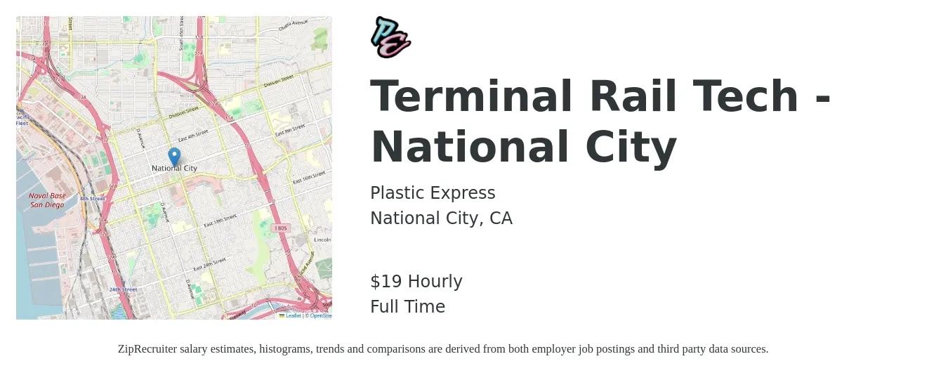 Plastic Express job posting for a Terminal Rail Tech - National City in National City, CA with a salary of $20 Hourly with a map of National City location.