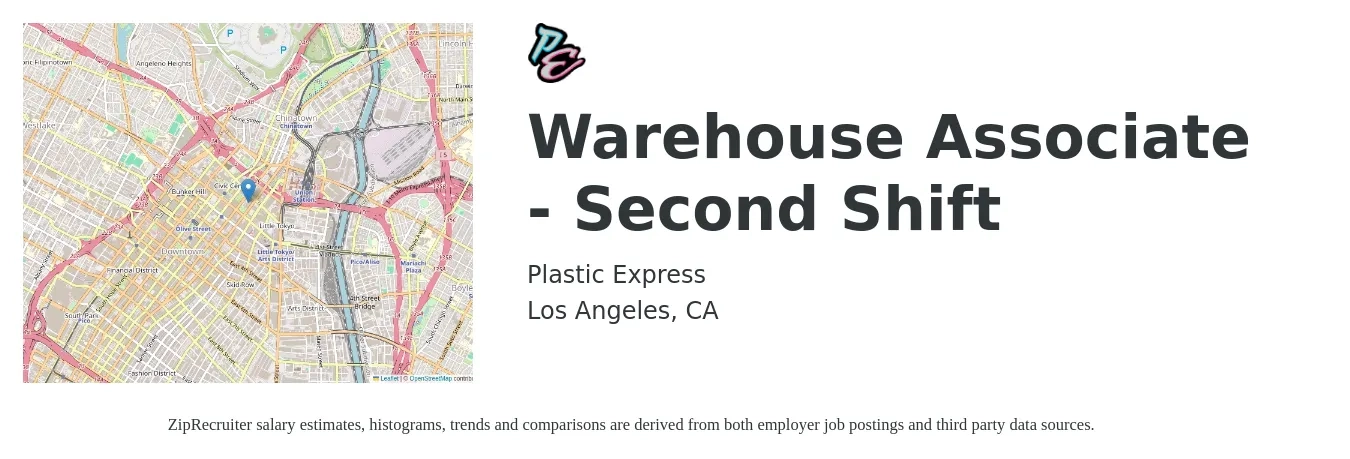 Plastic Express job posting for a Warehouse Associate - Second Shift in Los Angeles, CA with a salary of $18 to $19 Hourly with a map of Los Angeles location.