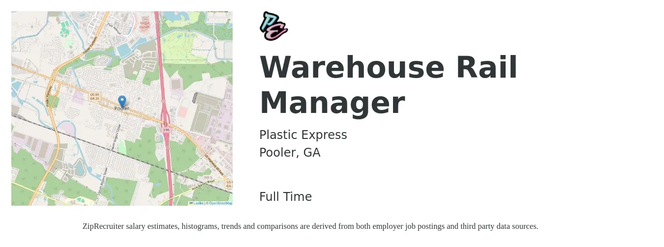 Plastic Express job posting for a Warehouse Rail Manager in Pooler, GA with a salary of $42,200 to $60,000 Yearly with a map of Pooler location.
