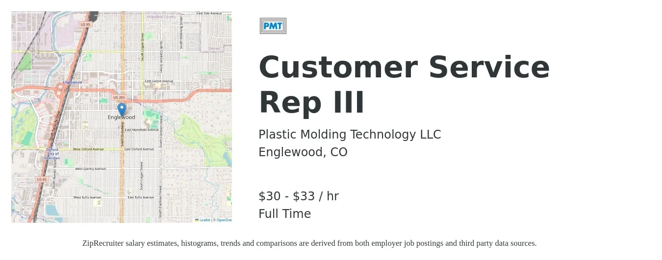 Plastic Molding Technology LLC job posting for a Customer Service Rep III in Englewood, CO with a salary of $32 to $35 Hourly with a map of Englewood location.