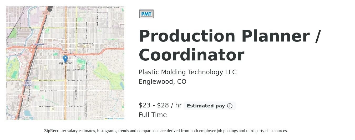 Plastic Molding Technology LLC job posting for a Production Planner / Coordinator in Englewood, CO with a salary of $24 to $30 Hourly with a map of Englewood location.
