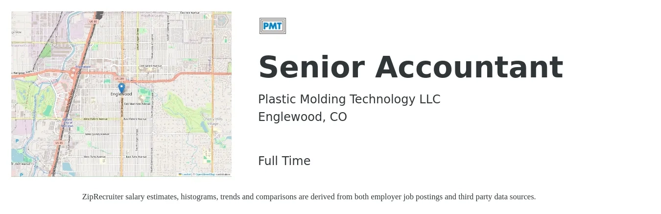 Plastic Molding Technology LLC job posting for a Senior Accountant in Englewood, CO with a salary of $90,000 to $105,000 Yearly with a map of Englewood location.