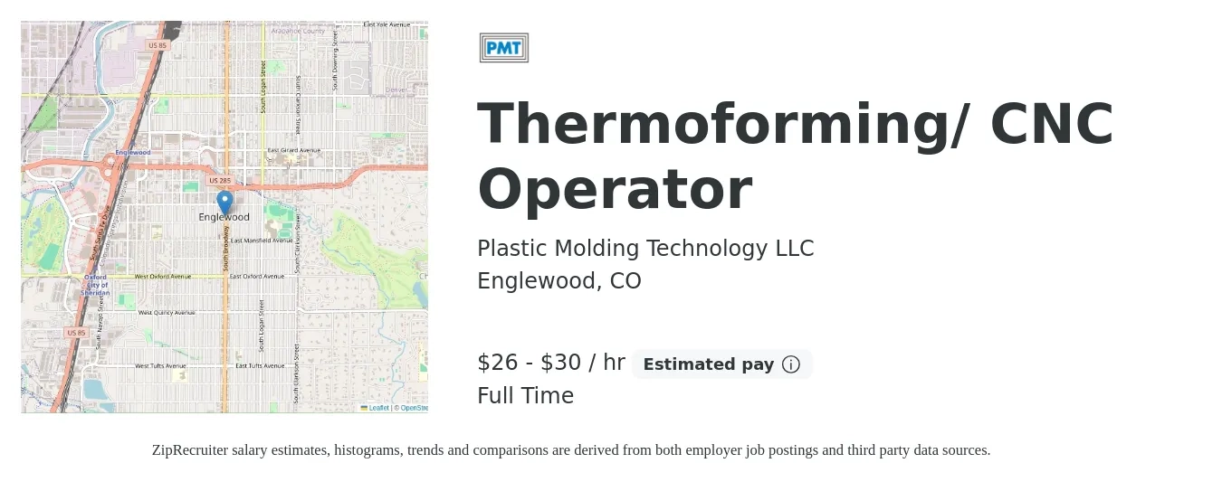 Plastic Molding Technology LLC job posting for a Thermoforming/CNC Operator in Englewood, CO with a salary of $28 to $32 Hourly with a map of Englewood location.