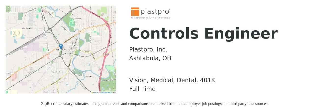 Plastpro, Inc. job posting for a Controls Engineer in Ashtabula, OH with a salary of $76,100 to $98,400 Yearly and benefits including 401k, dental, life_insurance, medical, and vision with a map of Ashtabula location.