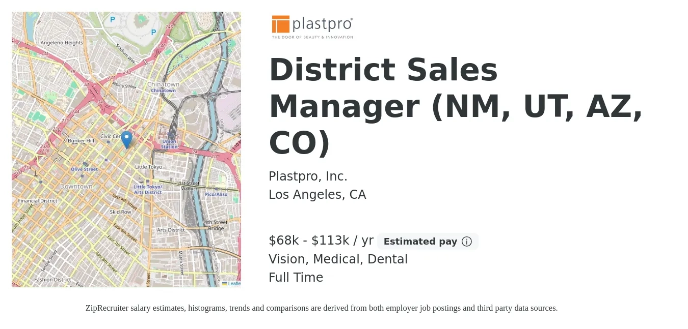 Plastpro, Inc. job posting for a District Sales Manager (NM, UT, AZ, CO) in Los Angeles, CA with a salary of $68,096 to $113,494 Yearly and benefits including dental, life_insurance, medical, retirement, and vision with a map of Los Angeles location.