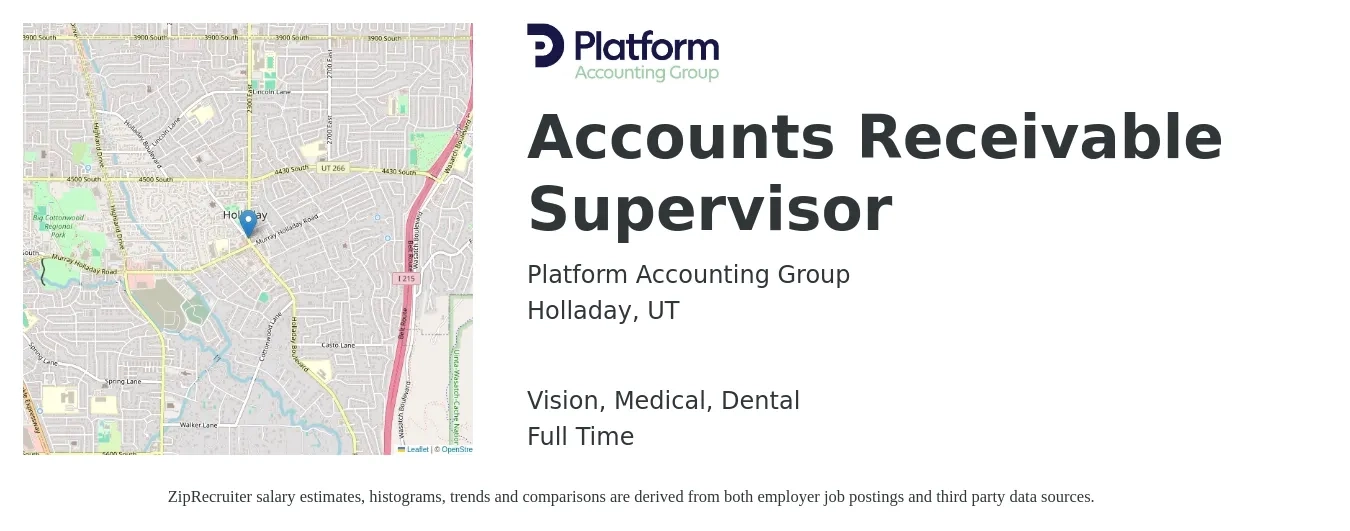 Platform Accounting Group job posting for a Accounts Receivable Supervisor in Holladay, UT with a salary of $57,400 to $84,400 Yearly and benefits including dental, medical, pto, retirement, and vision with a map of Holladay location.