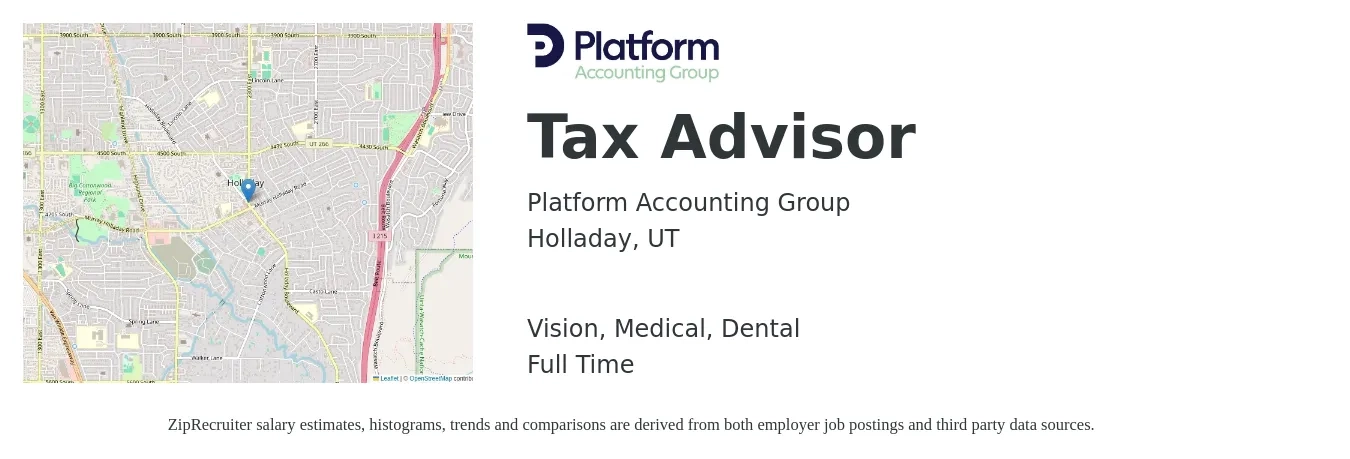 Platform Accounting Group job posting for a Tax Advisor in Holladay, UT with a salary of $68,500 to $97,400 Yearly and benefits including dental, medical, pto, retirement, and vision with a map of Holladay location.