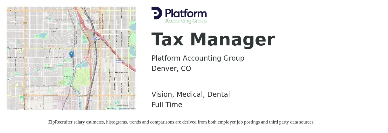 Platform Accounting Group job posting for a Tax Manager in Denver, CO with a salary of $114,200 to $149,800 Yearly and benefits including dental, medical, pto, retirement, and vision with a map of Denver location.