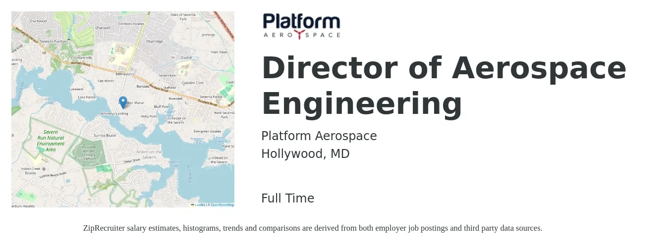 Platform Aerospace job posting for a Director of Aerospace Engineering in Hollywood, MD with a salary of $135,500 to $242,200 Yearly with a map of Hollywood location.