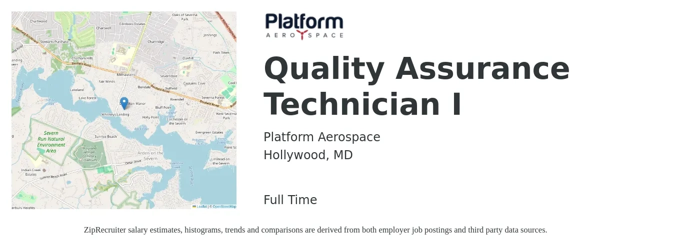 Platform Aerospace job posting for a Quality Assurance Technician I in Hollywood, MD with a salary of $18 to $24 Hourly with a map of Hollywood location.