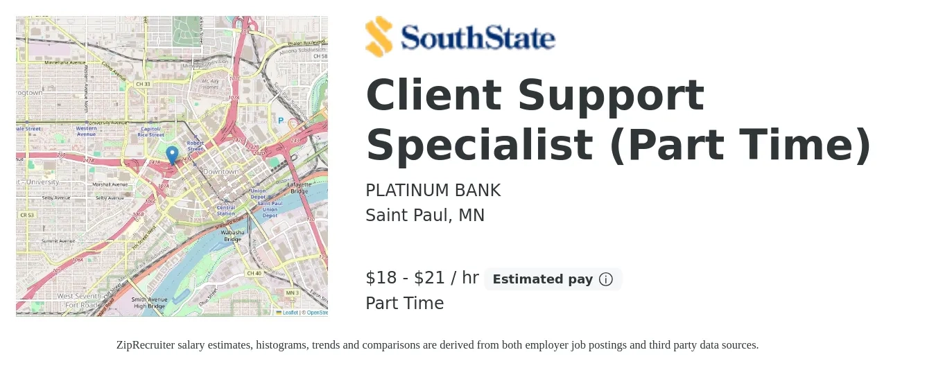 PLATINUM BANK job posting for a Client Support Specialist (Part Time) in Saint Paul, MN with a salary of $19 to $22 Hourly with a map of Saint Paul location.