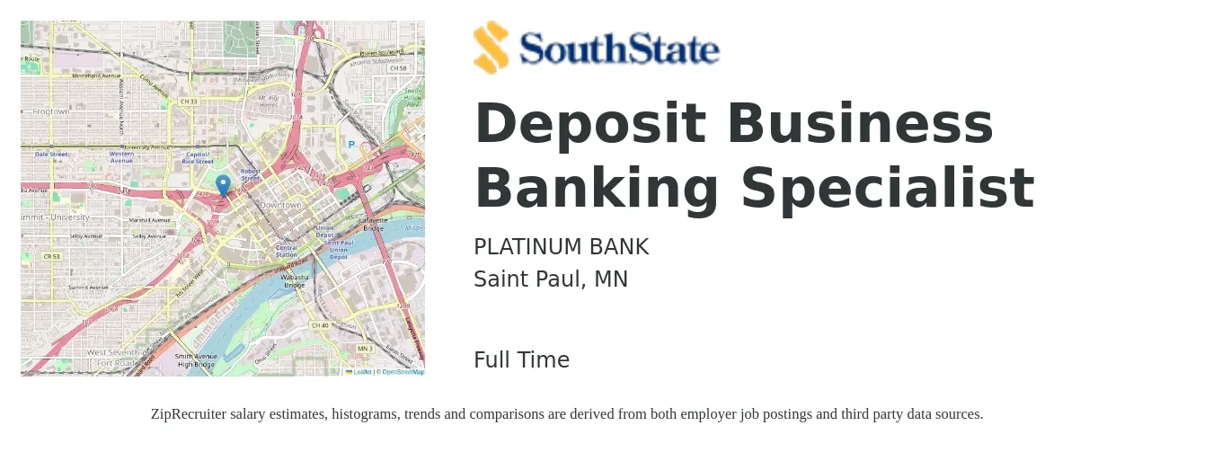 PLATINUM BANK job posting for a Deposit Business Banking Specialist in Saint Paul, MN with a salary of $70,600 to $119,200 Yearly with a map of Saint Paul location.