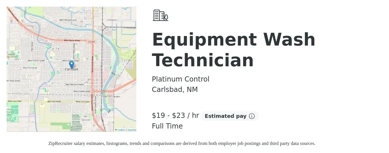 Platinum Control job posting for a Equipment Wash Technician in Carlsbad, NM with a salary of $20 to $24 Hourly with a map of Carlsbad location.