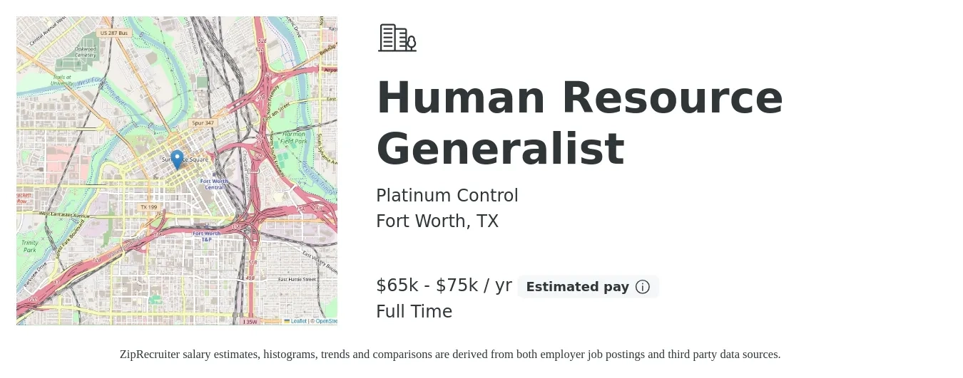 Platinum Control job posting for a Human Resource Generalist in Fort Worth, TX with a salary of $65,000 to $75,000 Yearly with a map of Fort Worth location.