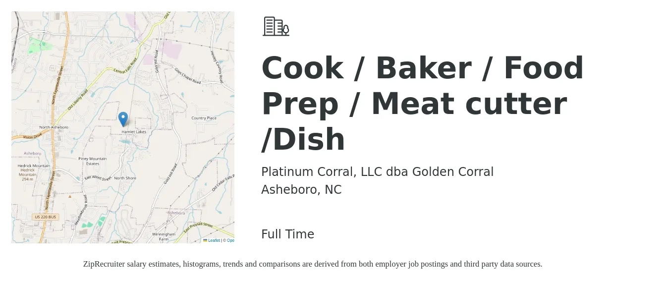 Platinum Corral, LLC dba Golden Corral job posting for a Cook / Baker / Food Prep / Meat cutter /Dish in Asheboro, NC with a salary of $11 to $18 Hourly with a map of Asheboro location.