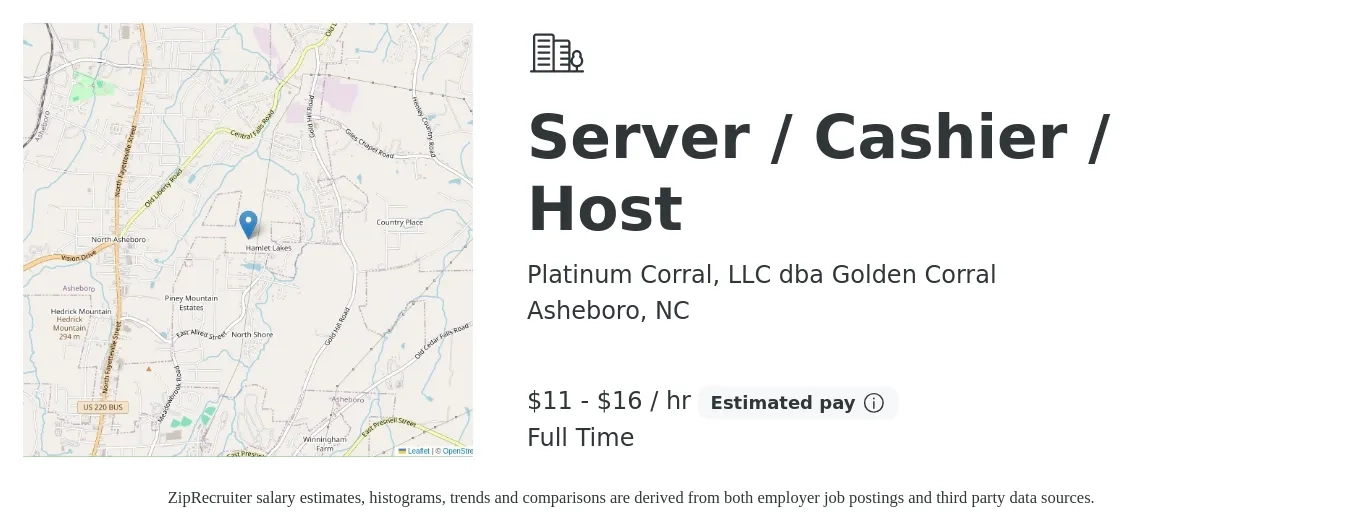 Platinum Corral, LLC dba Golden Corral job posting for a Server / Cashier / Host in Asheboro, NC with a salary of $12 to $17 Hourly with a map of Asheboro location.