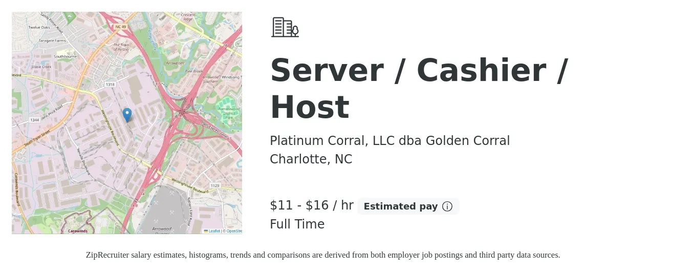 Platinum Corral, LLC dba Golden Corral job posting for a Server / Cashier / Host in Charlotte, NC with a salary of $12 to $17 Hourly with a map of Charlotte location.