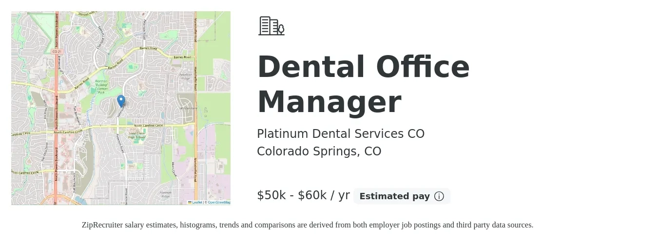 Platinum Dental Services CO job posting for a Dental Office Manager in Colorado Springs, CO with a salary of $50,000 to $60,000 Yearly with a map of Colorado Springs location.