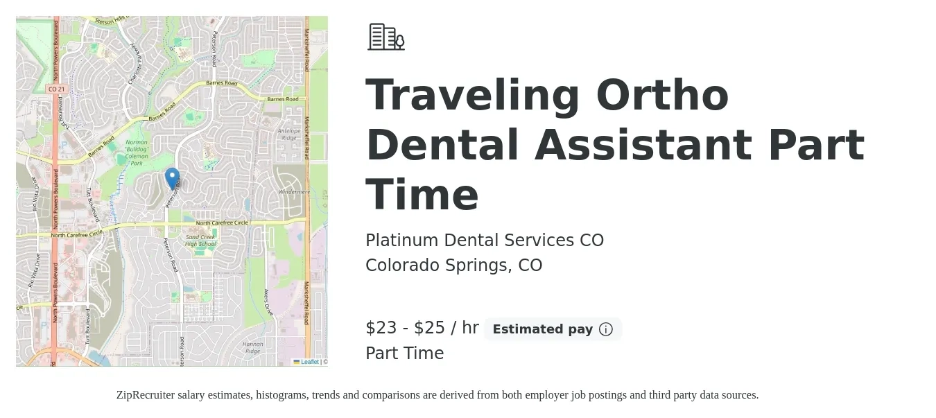 Platinum Dental Services CO job posting for a Traveling Ortho Dental Assistant Part Time in Colorado Springs, CO with a salary of $24 to $27 Hourly with a map of Colorado Springs location.
