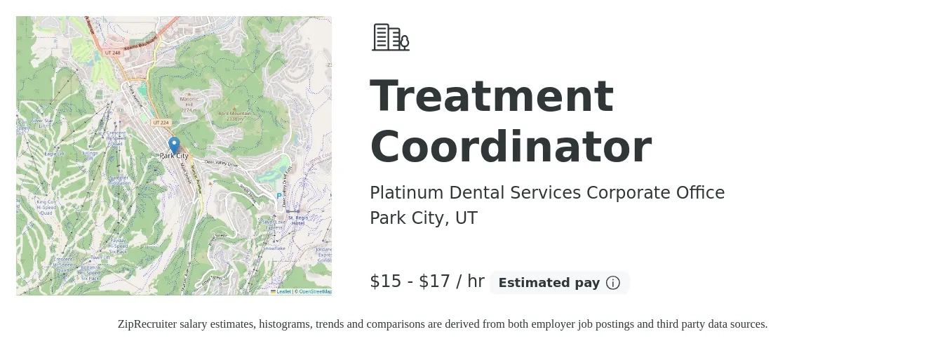 Platinum Dental Services Corporate Office job posting for a Treatment Coordinator in Park City, UT with a salary of $16 to $18 Hourly with a map of Park City location.