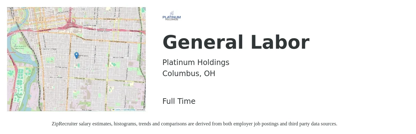Platinum Holdings job posting for a General Labor in Columbus, OH with a salary of $700 to $1,400 Weekly with a map of Columbus location.