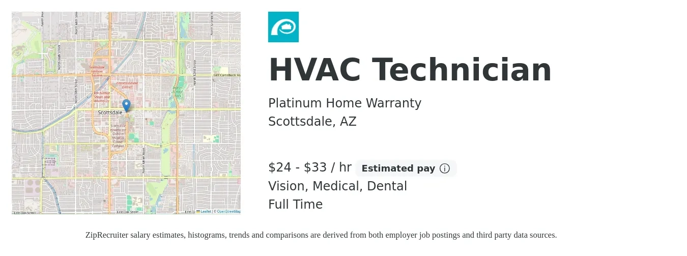 Platinum Home Warranty job posting for a HVAC Technician in Scottsdale, AZ with a salary of $25 to $35 Hourly and benefits including medical, pto, vision, and dental with a map of Scottsdale location.