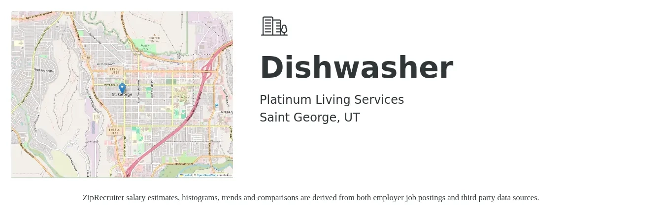 Platinum Living Services job posting for a Dishwasher in Saint George, UT with a salary of $15 to $17 Hourly with a map of Saint George location.