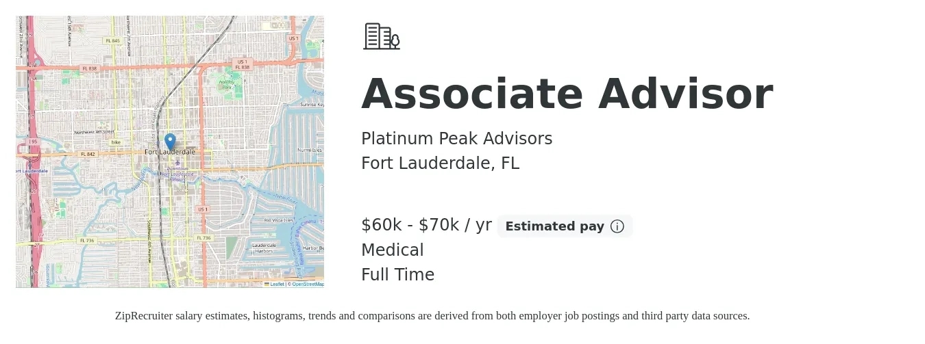 Platinum Peak Advisors job posting for a Associate Advisor in Fort Lauderdale, FL with a salary of $60,000 to $70,000 Yearly and benefits including medical, retirement, and life_insurance with a map of Fort Lauderdale location.