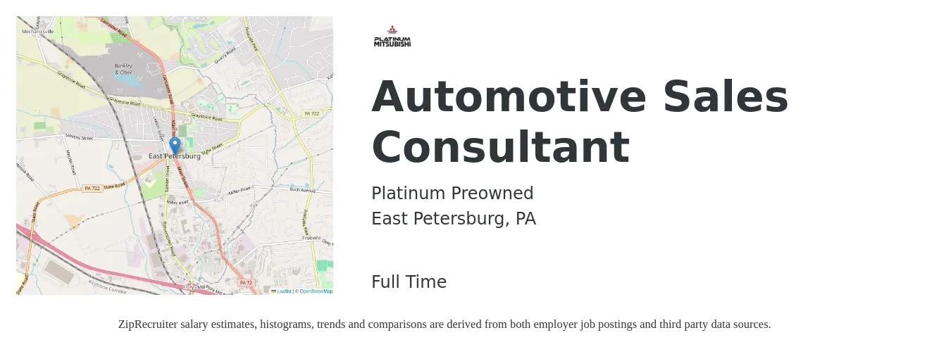 Platinum Preowned job posting for a Automotive Sales Consultant in East Petersburg, PA with a salary of $39,600 to $77,400 Yearly with a map of East Petersburg location.