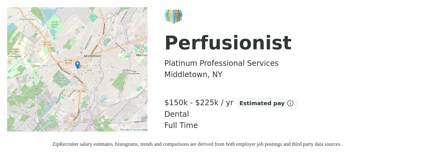 Platinum Professional Services job posting for a Perfusionist in Middletown, NY with a salary of $150,000 to $225,000 Yearly and benefits including pto, dental, and life_insurance with a map of Middletown location.