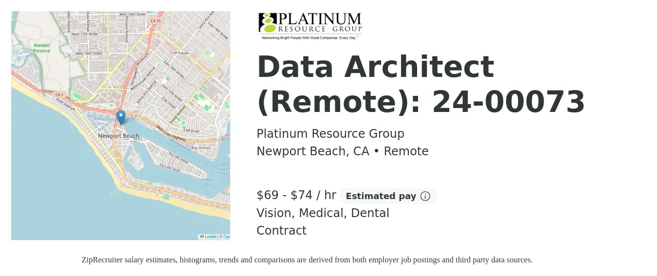 Platinum Resource Group job posting for a Data Architect (Remote): 24-00073 in Newport Beach, CA with a salary of $72 to $77 Hourly and benefits including dental, medical, and vision with a map of Newport Beach location.