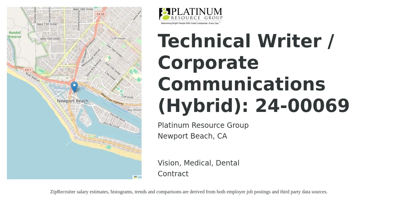 Platinum Resource Group job posting for a Technical Writer / Corporate Communications (Hybrid): 24-00069 in Newport Beach, CA with a salary of $32 to $52 Hourly and benefits including vision, dental, and medical with a map of Newport Beach location.