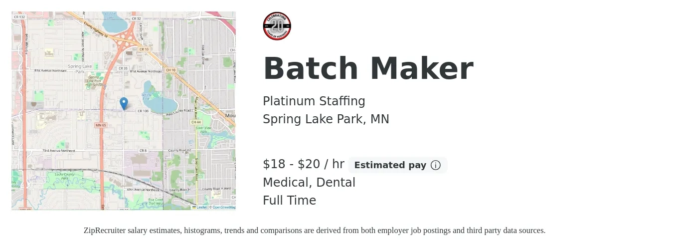 Platinum Staffing job posting for a Batch Maker in Spring Lake Park, MN with a salary of $20 to $21 Hourly and benefits including dental, medical, and pto with a map of Spring Lake Park location.