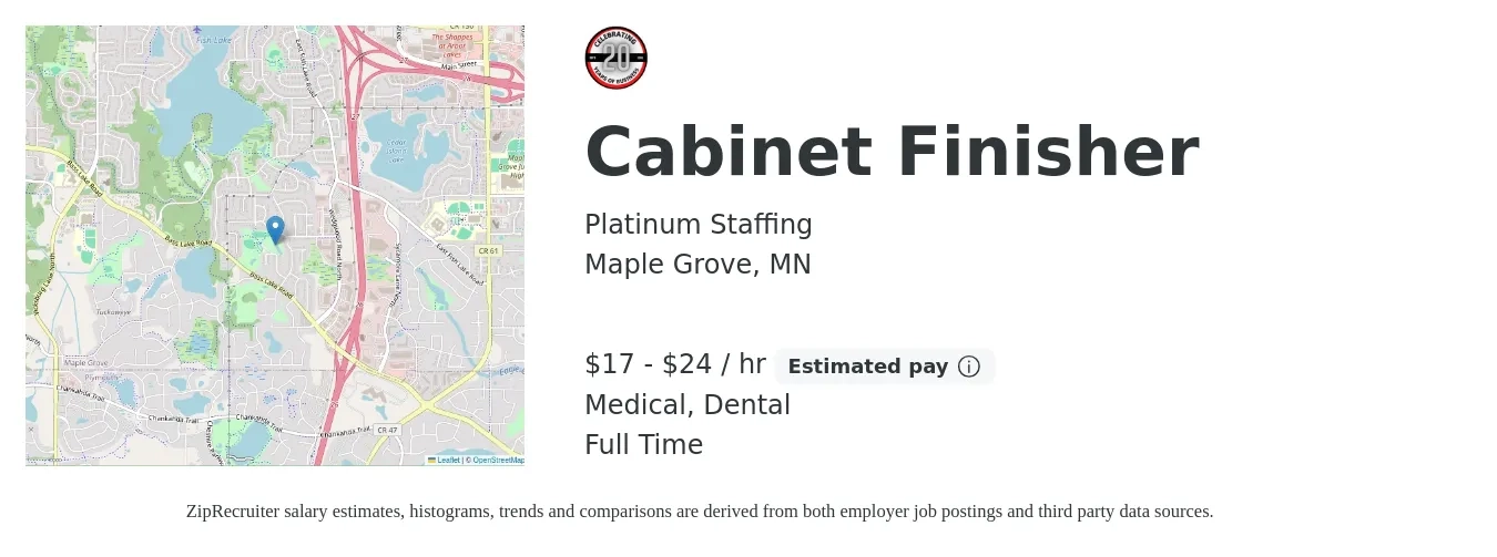 Platinum Staffing job posting for a Cabinet Finisher in Maple Grove, MN with a salary of $18 to $25 Hourly and benefits including dental, medical, and pto with a map of Maple Grove location.