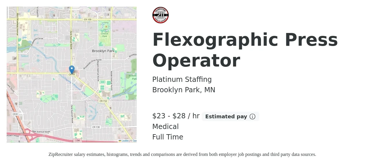 Platinum Staffing job posting for a Flexographic Press Operator in Brooklyn Park, MN with a salary of $24 to $30 Hourly and benefits including medical, and retirement with a map of Brooklyn Park location.