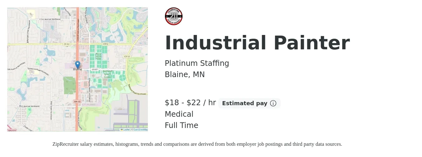 Platinum Staffing job posting for a Industrial Painter in Blaine, MN with a salary of $19 to $23 Hourly and benefits including medical with a map of Blaine location.