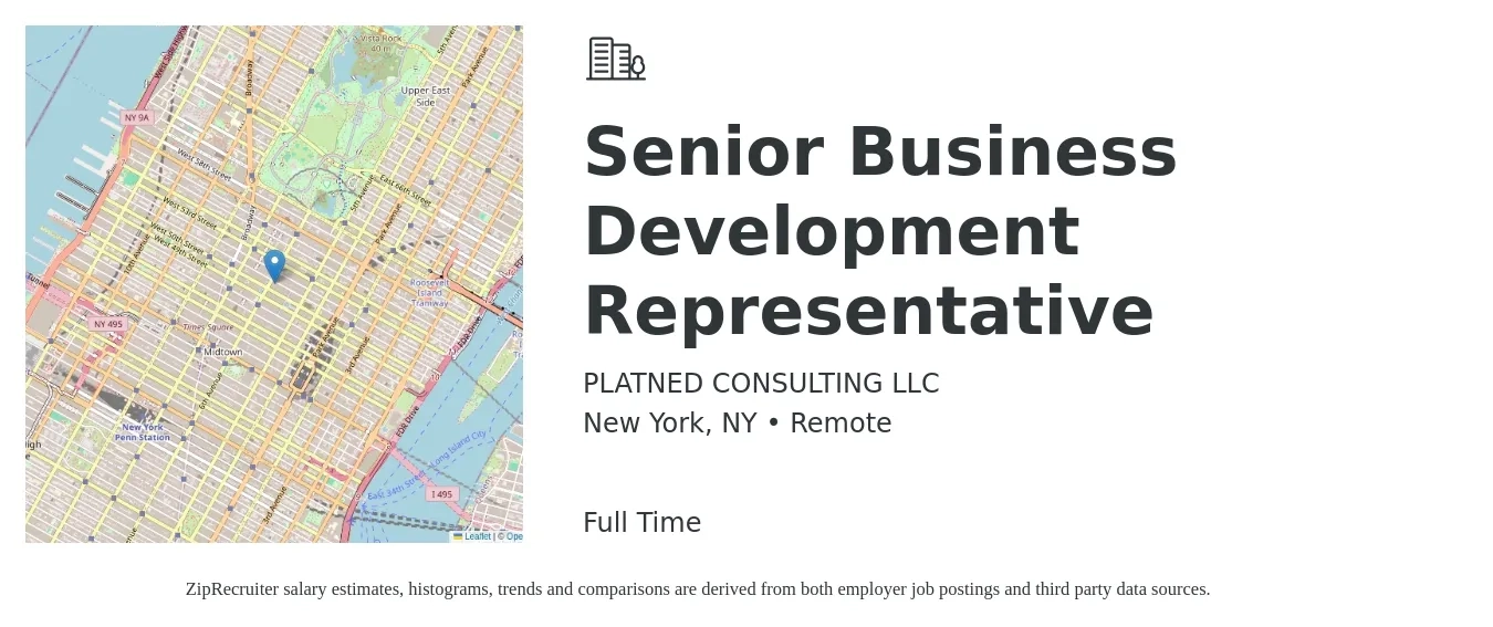 PLATNED CONSULTING LLC job posting for a Senior Business Development Representative in New York, NY with a salary of $48,800 to $75,900 Yearly and benefits including pto with a map of New York location.
