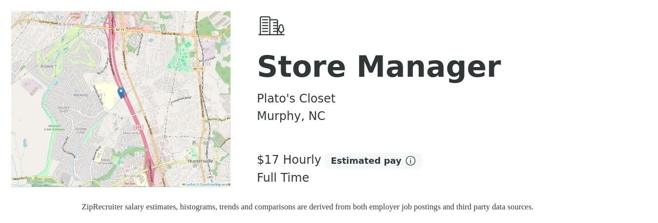 Plato's Closet job posting for a Store Manager in Murphy, NC with a salary of $18 Hourly with a map of Murphy location.