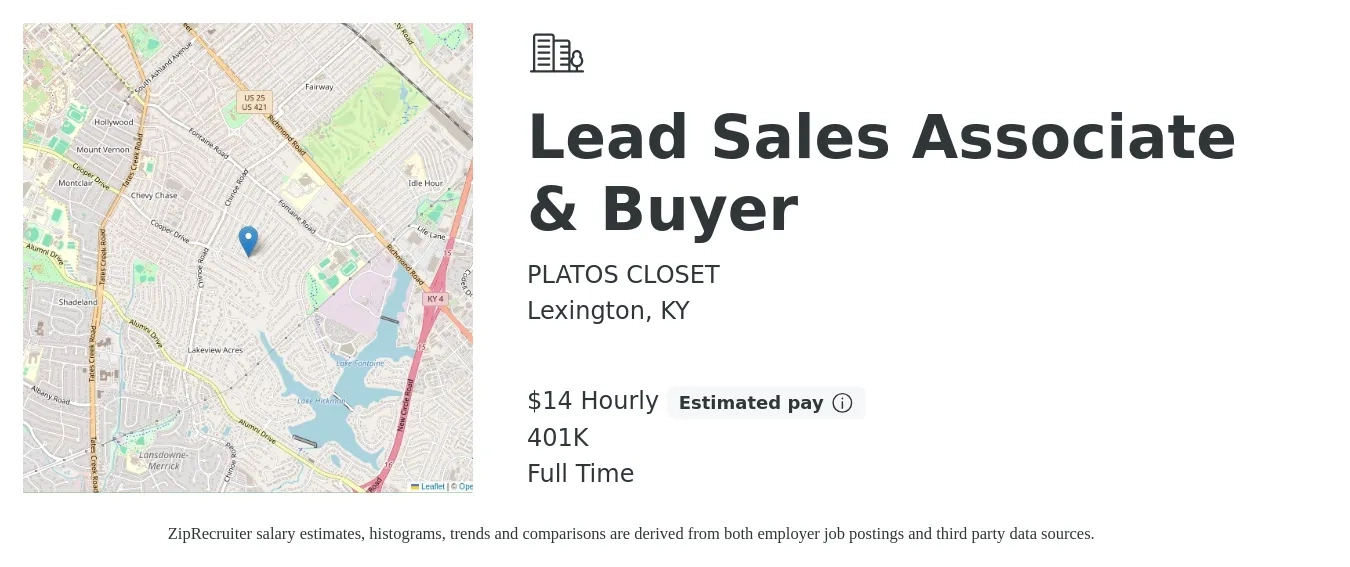 PLATOS CLOSET job posting for a Lead Sales Associate & Buyer in Lexington, KY with a salary of $15 to $16 Hourly and benefits including 401k with a map of Lexington location.