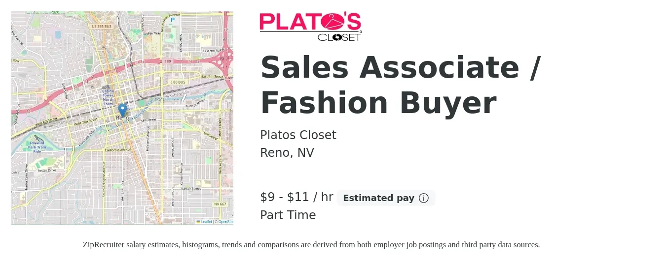 Platos Closet job posting for a Sales Associate / Fashion Buyer in Reno, NV with a salary of $10 to $12 Hourly with a map of Reno location.