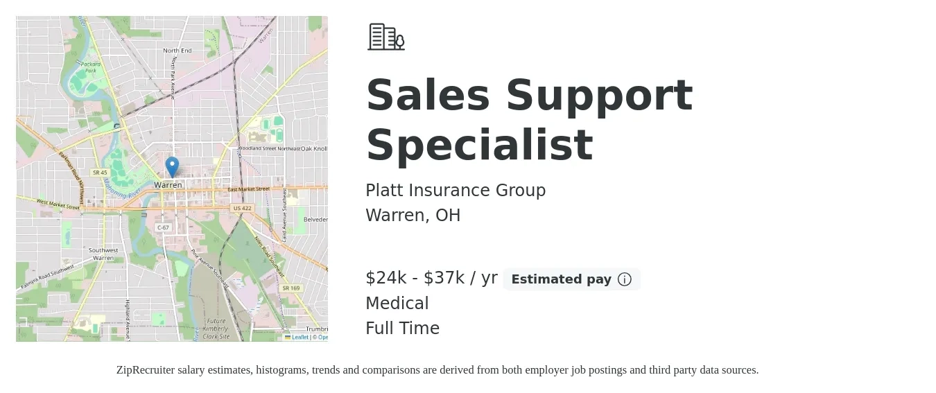 Platt Insurance Group job posting for a Sales Support Specialist in Warren, OH with a salary of $24,960 to $37,440 Yearly and benefits including medical with a map of Warren location.