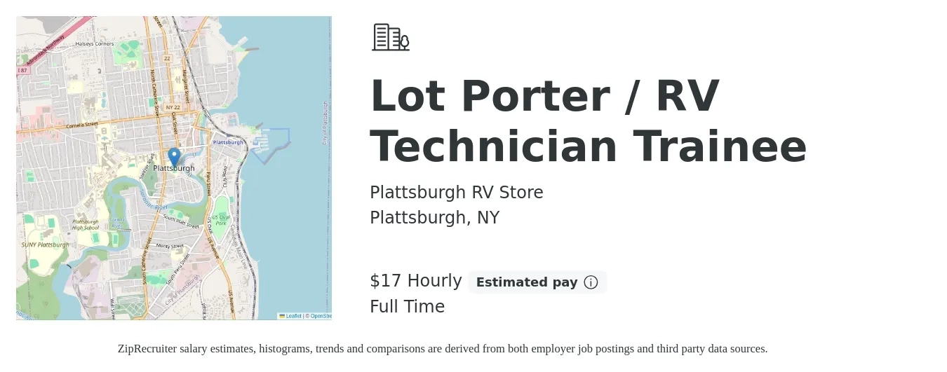 Plattsburgh RV Store job posting for a Lot Porter / RV Technician Trainee in Plattsburgh, NY with a salary of $18 Hourly with a map of Plattsburgh location.