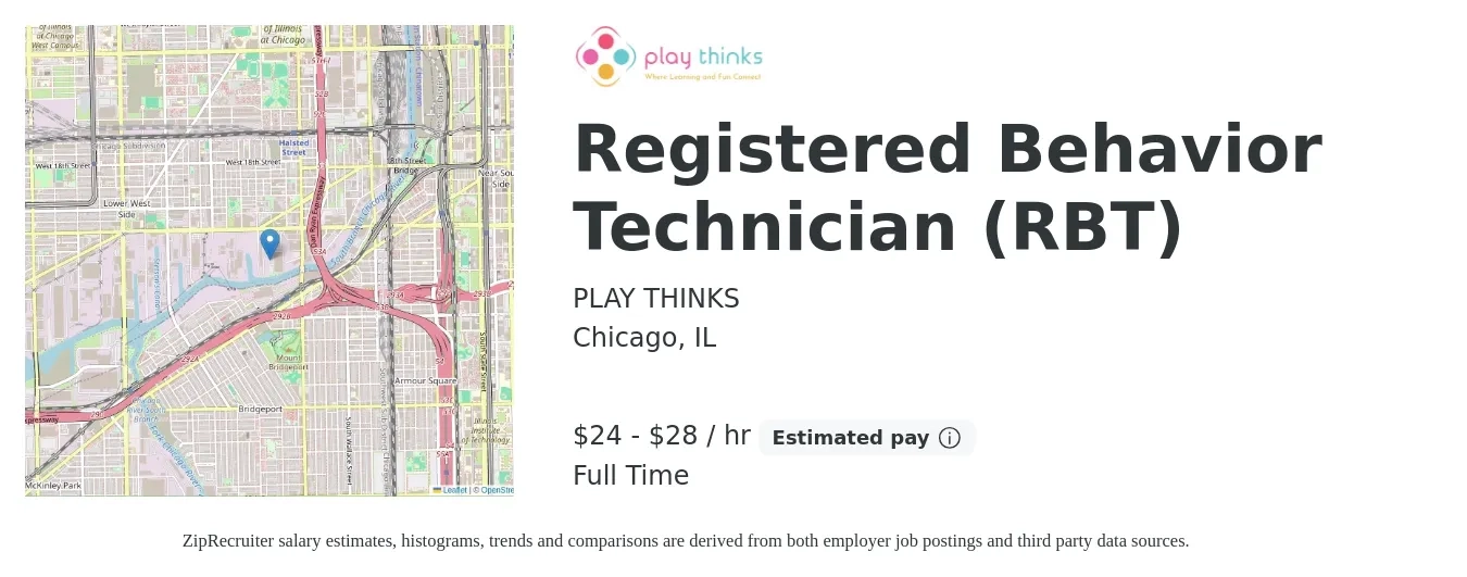 PLAY THINKS job posting for a Registered Behavior Technician (RBT) in Chicago, IL with a salary of $25 to $30 Hourly and benefits including retirement, and pto with a map of Chicago location.